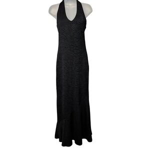 Y2K Jump USA Zebra Halter Velvet Burnout Asymmetrical Flare Maxi Dress Sz Medium